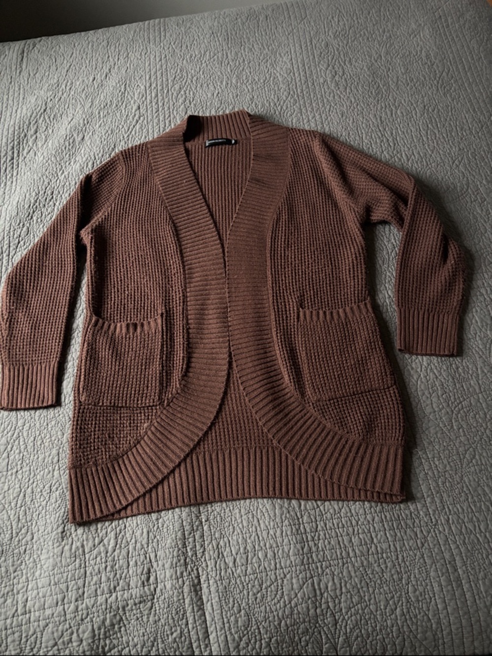 Cozy Open-Front Ribbed Pocket Cardigan in Chocolate Brown